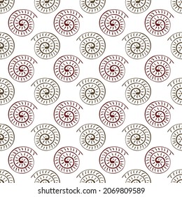 Ammonite vector seamless pattern background. Hand drawn ribbed spiral-form shell cephalopod fossil. Red brown white backdrop.Extinct ancient marine predators. Repeat for museum,natural history, school