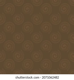 Ammonite vector seamless pattern background. Hand drawn ribbed spiral-form shell cephalopod fossil. Monochrome brown subtle backdrop.Extinct ancient marine predators. Repeat for museum,natural history