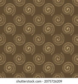 Ammonite vector seamless pattern background. Hand drawn ribbed spiral-form shell cephalopod fossil. Brown white backdrop.Extinct ancient marine predators. Repeat for museum,natural history, school