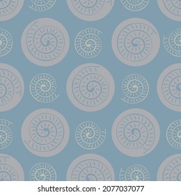 Ammonite vector seamless pattern background. Hand drawn ribbed spiral-form shell cephalopod fossil. Pastel blue pink backdrop. Extinct ancient marine predators. Repeat for museum, school