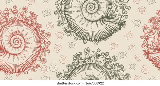 Ammonites and art nouveau flowers. Seamless pattern. Packing old paper, scrapbooking style. Vintage background. Medieval manuscript, engraving art. Symbol of science, paleontology, history, biology 