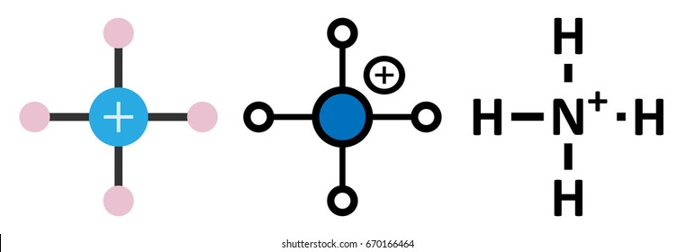 Ammonium cation. Protonated form of ammonia. Conventional skeletal formula and stylized representations.