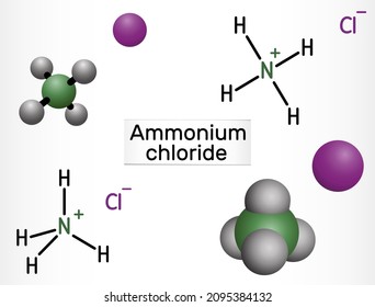 Ammonium chloride, NH4Cl molecule. It is inorganic compound, food supplement E510, used as fertilizer and a flavouring agent. Structural chemical formula and molecule model. Vector illustration