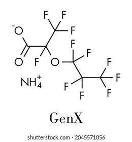 Ammonium perfluoro(2-methyl-3-oxahexanoate) molecule, also known as GenX or FRD-902. Skeletal formula.