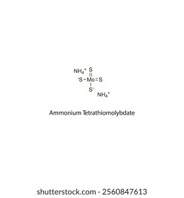 Ammonium Tetrathiomolybdate flat skeletal molecular structure chelator drug used in wilsons disease, high copper levels treatment. Vector illustration scientific diagram.