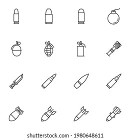Juego de iconos de línea de balas de municiones, colección de símbolos de vector de contorno, paquete de pictogramas de estilo lineal. Señales, ilustración del logotipo. El juego incluye iconos como granada de humo, bomba de fusibles, cuchillo, cohete de misión