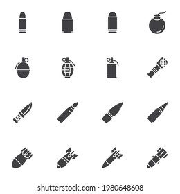 Munitionskugeln Vektorsymbole Set, moderne solide Symbolsammlung, gefülltes Piktogramm-Paket im Stil. Zeichen, Logo-Illustration. Set enthält Symbole wie Rauchgranate, Sicherungsbombe, Messer, Missionsrakete
