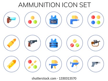 ammunition icon set. 15 flat ammunition icons.  Simple modern icons about  - gun, bullets, pistol, police vest, paintball gun, rifle, bullet