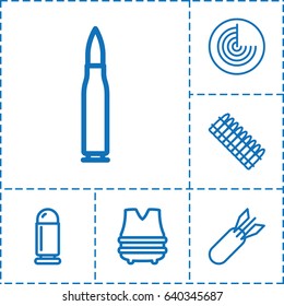 Ammunition icon. set of 6 ammunition outline icons such as radar, rocket bomb, bulletproof vest, bullet