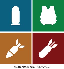 ammunition icons set. Set of 4 ammunition filled icons such as rocket bomb, bulletproof vest