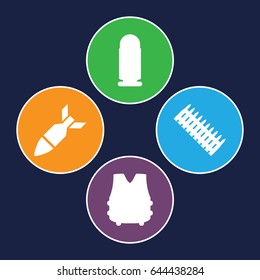 Ammunition icons set. set of 4 ammunition filled icons such as rocket bomb, bulletproof vest, bullet