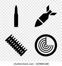 Ammunition icons set. set of 4 ammunition filled icons such as radar, rocket bomb, bullet