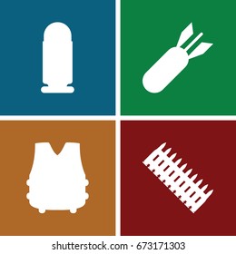 Ammunition icons set. set of 4 ammunition filled icons such as rocket bomb, bulletproof vest, bullet