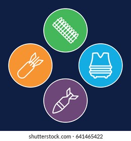 Ammunition icons set. set of 4 ammunition outline icons such as rocket bomb, bulletproof vest