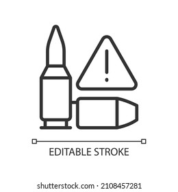 Ammunition smuggling linear icon. Gunrunning and illegal trade. Thin line customizable illustration. Contour symbol. Vector isolated outline drawing. Editable stroke. Pixel perfect. Arial font used