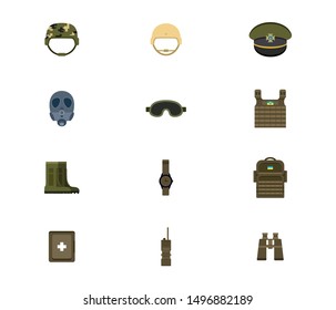 Ammunition, soldier outfit: flat vector illustration set