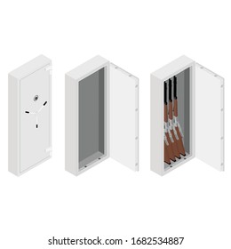 Munitionslager Metallsafe mit Gewehrpistole in isometrischer Ansicht einzeln auf weißem Hintergrund.  