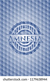 Amnesia blue badge with geometric background.