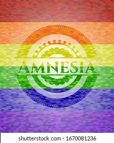 Amnesia emblem on mosaic background with the colors of the LGBT flag