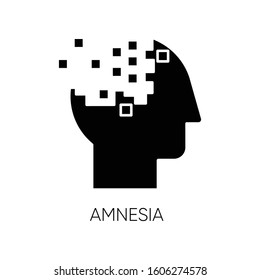 Amnesia glyph icon. Memory loss. Forgetting from brain injury. Trouble with remembering. Korsakoff syndrome. Mental disorder. Silhouette symbol. Negative space. Vector isolated illustration