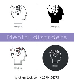 Icono de amnesia. Pérdida de memoria. Olvidando de una lesión cerebral. Problemas para recordar. Síndrome de Korsakoff. Trastorno mental. Diseño plano, estilos lineales y de color. Ilustraciones vectoriales aisladas