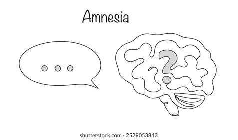 Amnesia. Una enfermedad con síntomas de pérdida de memoria, especialmente para eventos importantes recientes o recuerdos incompletos de eventos pasados. Cerebro dibujado a mano con signo de interrogación. Ilustración vectorial.