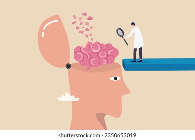 Amnesia losing memory, brain dementia, alzheimer disease, mental illness, thinking or remember disorder, psychology or anxiety concept, doctor with magnifying glass analyze amnesia patient brain.