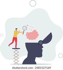 Amnesia losing memory, brain dementia, alzheimer disease, mental illness, thinking or remember disorder, psychology or anxiety.flat illustration.