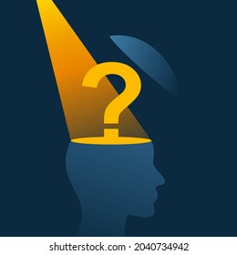 Amnesia, memory loss disease. Human head silhoette in spotlight with question mark inside. Vector illustration