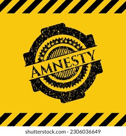 Amnesty Black Grunge Emblem, gelbes Warnschild. Vektorgrafik. Detaillierte Angaben. 