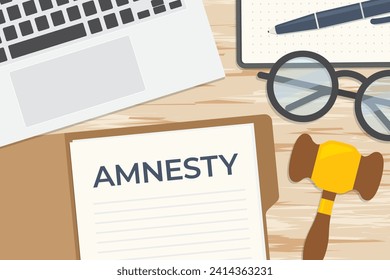 amnestisches Wort, geschrieben in Akten, flache Layoutgestaltung mit Laptop, Glasur, Brille, Stift und Notebook - Vektorgrafik
