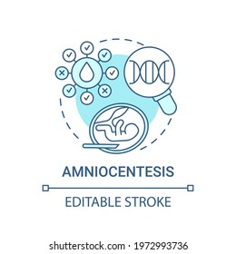Amniocentesis blue concept icon. Testing uterus for fetus health. Medical check. Genetic inheritance examination idea thin line illustration. Vector isolated outline RGB color drawing. Editable stroke