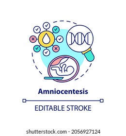 Amniocentesis concept icon. Testing uterus for fetus health. Medical check. Genetic inheritance examination idea thin line illustration. Vector isolated outline RGB color drawing. Editable stroke