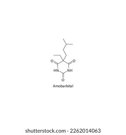 Amobarbital flat skeletal molecular structure Barbiturate drug used in insomnia, anxiety, siezures treatment. Vector illustration.