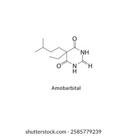 Amobarbital skeletal structure.Barbiturate sedative compound schematic illustration. Simple diagram, chemical formula.