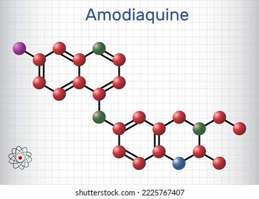 Amodiaquine, ADQ molecule. It is aminoquinoline, used for the therapy of malaria. Structural chemical formula, molecule model. Sheet of paper in a cage. Vector illustration