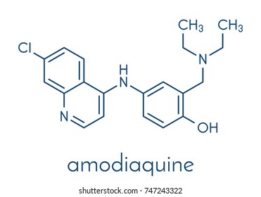 Amodiaquine anti-malarial drug molecule. Skeletal formula.