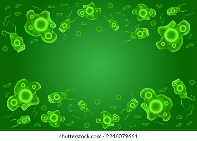 Amoeba-Hintergrund, Vektorgrafik in grüner Farbe, Mikroorganismus-Bakterienvirus, Vorlage für Krankheiten medizinische Darstellung 