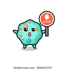 amoeba character illustration holding a stop sign , cute style design for t shirt, sticker, logo element