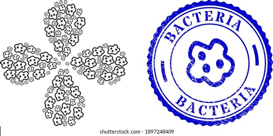 Amoeba curl flower shape, and blue round BACTERIA textured rubber print with icon inside. Object flower with 4 petals organized from oriented amoeba symbols. Vector flower collage in flat style.