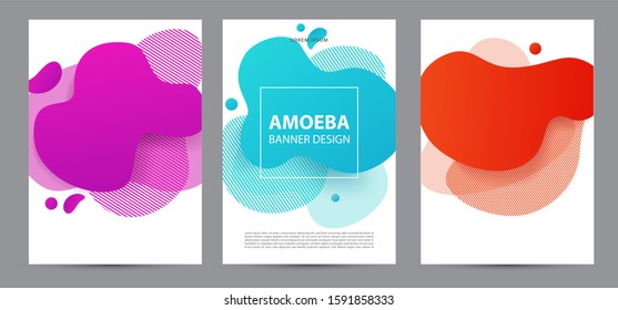 Amoeba funky design for print products. Dynamic style banner set with amoeba funky gradient elements. Creative for poster, web, landing, page, cover, ad, greeting, card, social media, promotion