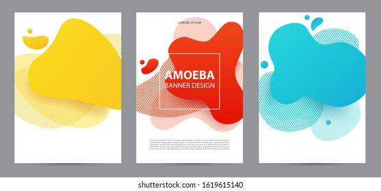 Amoeba funky design for print products. Dynamic style banner set with amoeba funky gradient elements. Creative for poster, web, landing, page, cover, ad, greeting, card, social media, promotion