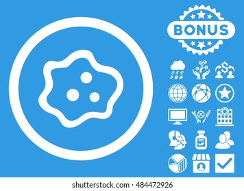 Amoeba icon with bonus images. Vector illustration style is flat iconic symbols, white color, blue background.