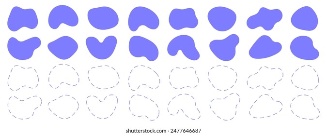 Amoeba, irregular blob, dashed line shape vector illustration set