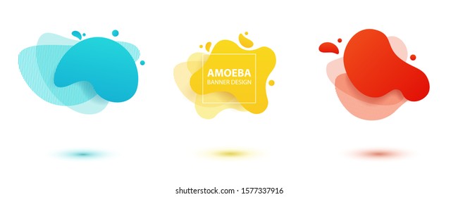 Amoeba liquid design. Dynamical colored forms of amoeba. Modern banner template for logo, flyer, presentation design. Yellow, red, blue colors