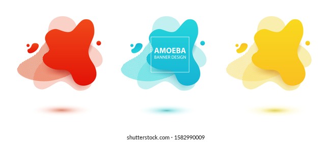 Amoeba liquid design. Dynamical colored forms of amoeba. Modern banner template for logo, flyer, presentation design. Yellow, red, blue colors