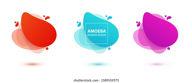 Amoeba liquid design. Dynamical colored forms of amoeba. Modern banner template for logo, flyer, presentation design. Yellow, red, blue colors