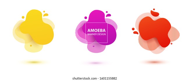 Amoeba liquid design. Dynamical colored forms of amoeba. Modern banner template for logo, flyer, presentation design. Yellow, red, blue colors