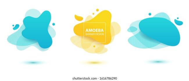 Amoeba liquid design. Dynamical colored forms of amoeba. Modern banner template for logo, flyer, presentation design. Yellow, red, blue colors