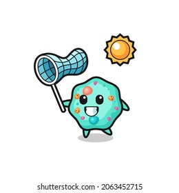 amoeba mascot illustration is catching butterfly , cute style design for t shirt, sticker, logo element